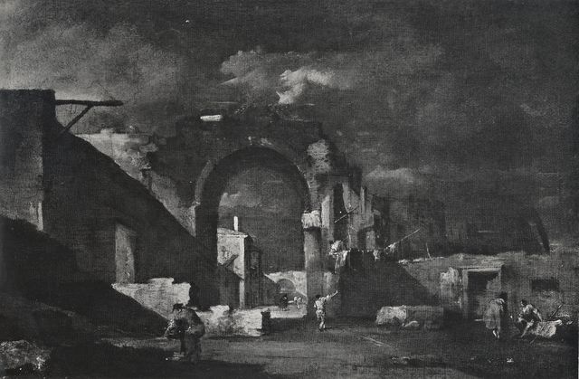 Anonimo — Guardi Francesco - sec. XVIII - Capriccio con arco in rovina e figure — insieme